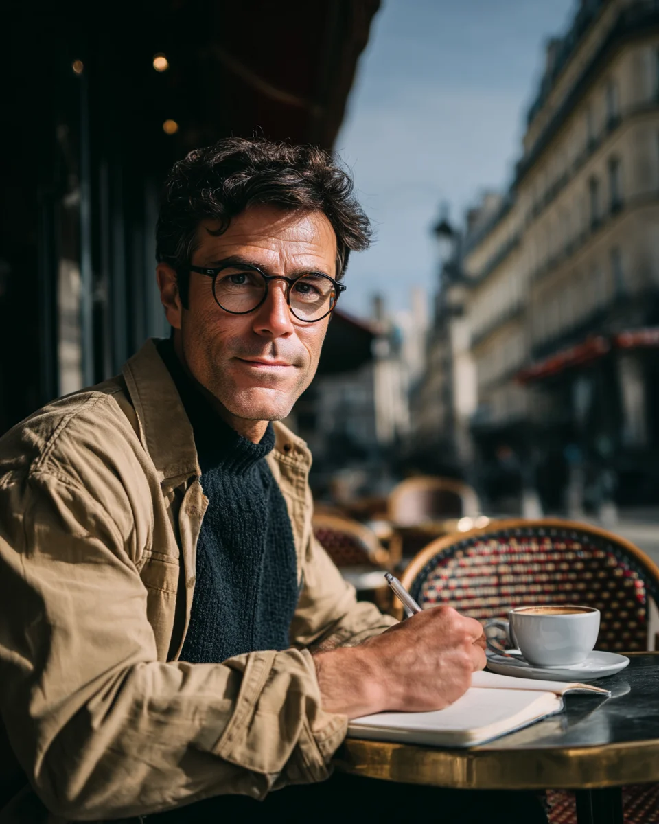 Bastien Dorvalle au café, carnet en main